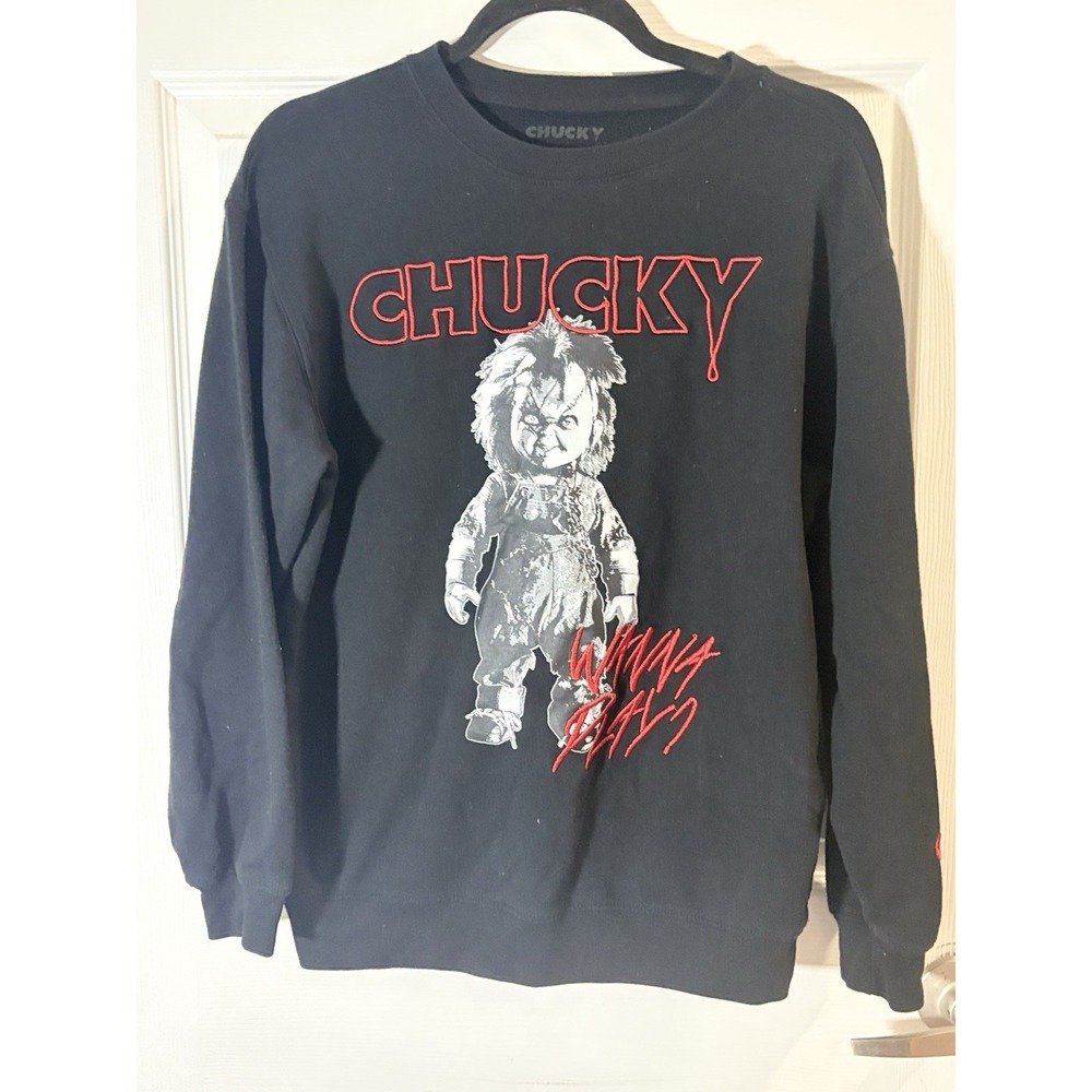 Chucky Good Guys Crewneck Sweatshirt Small Black Horror Graphic Long Sleeve Emb